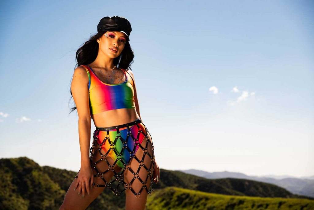 Rainbow Set Outfit with Black Faux Leather skirt