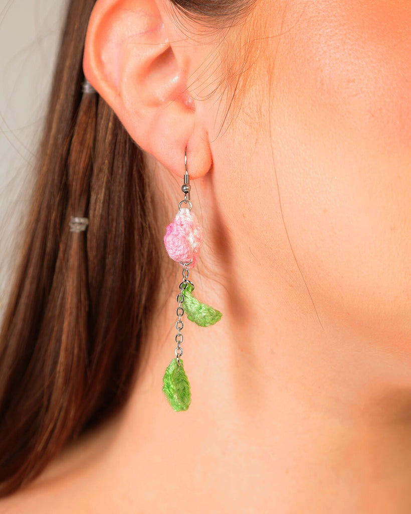 Her Kingdom's A Garden Rose Earrings-Green/Pink-Front--Model---S