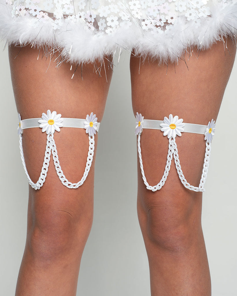 Bare Blossom Chain Leg Garters Pair-White-Regular-Front--Sarah2---S
