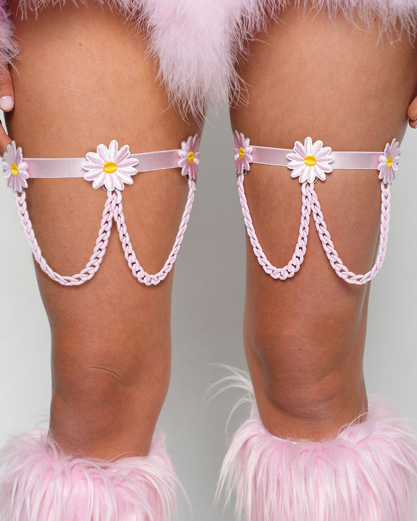 Bare Blossom Chain Leg Garters Pair-Baby Pink-Regular-Front--Sarah2---S