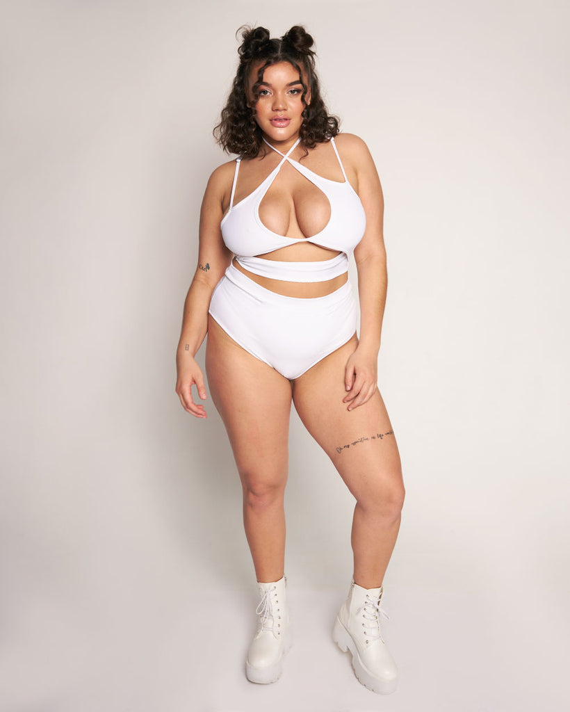 Rave Revolution Recycled Fabric High Waist Booty Shorts-White-Curve1-Full--Makayla3---1X