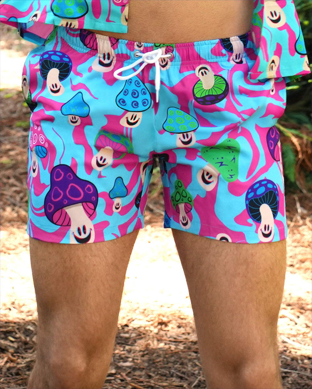 Mushroom Fiesta Men's Shorts-Blue/Green/Pink-Regular-Front--Model---L