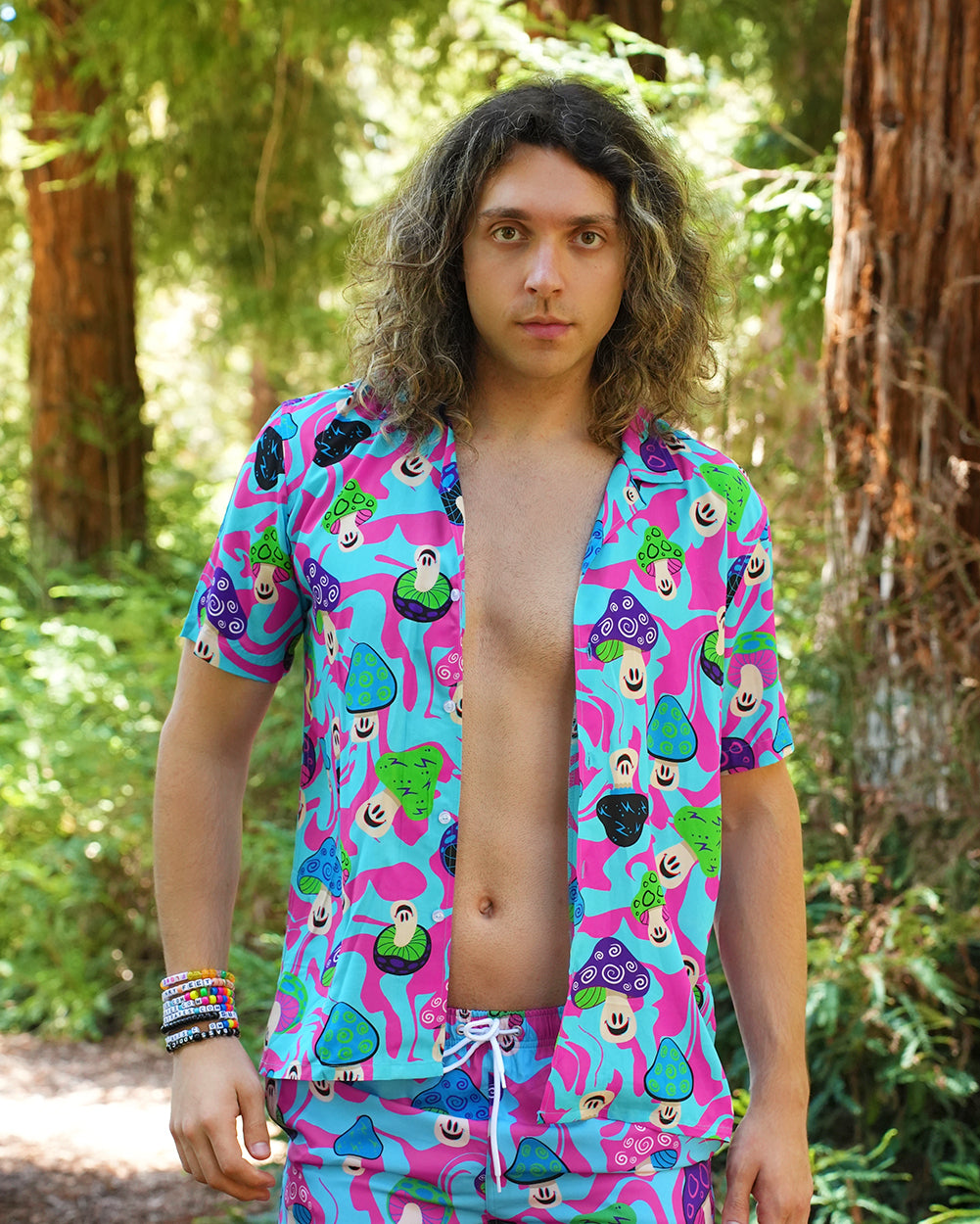 Mushroom Fiesta Men's Camp Shirt-Blue/Green/Pink-Regular-Front--Model---L
