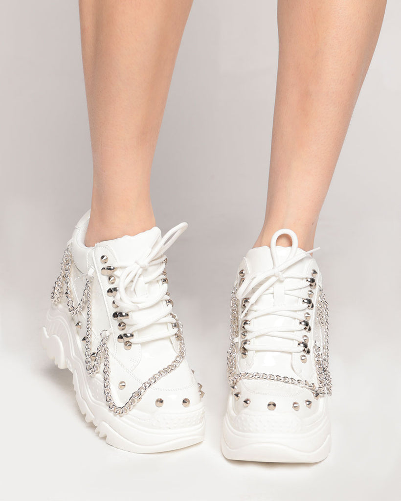 Anthony Wang Triple Time Chain Patent Platform Sneakers-White-Regular-Front--Model---5