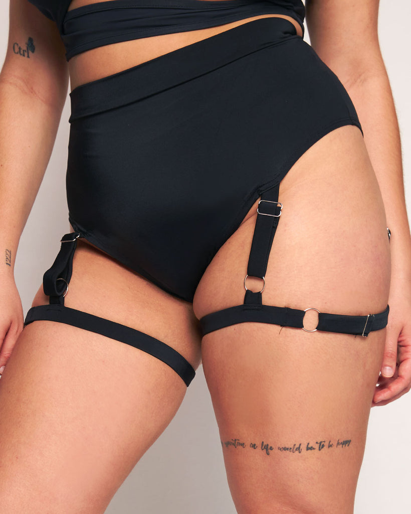 Bring on the Night Recycled Fabric Bottom With Leg Harness-Black-Curve1-Side--Makayla3---1X