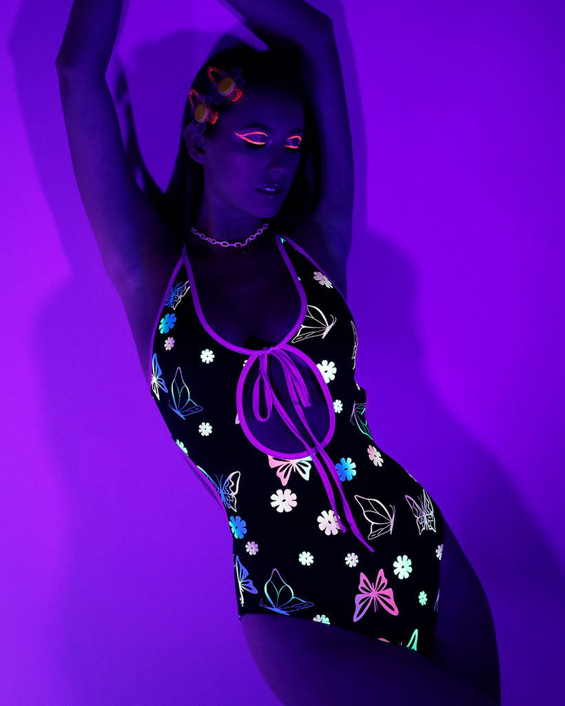 Butterfly Realm Glow in the Dark Halter Bodysuit-Black/Green/Pink/Purple-Regular-Glow--Sarah2---S