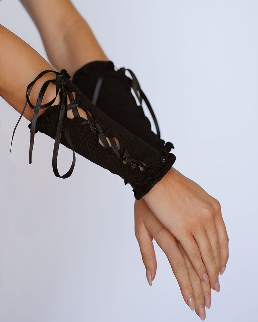 Dark Feminine Energy Lace Up Gloves-Black-Front
