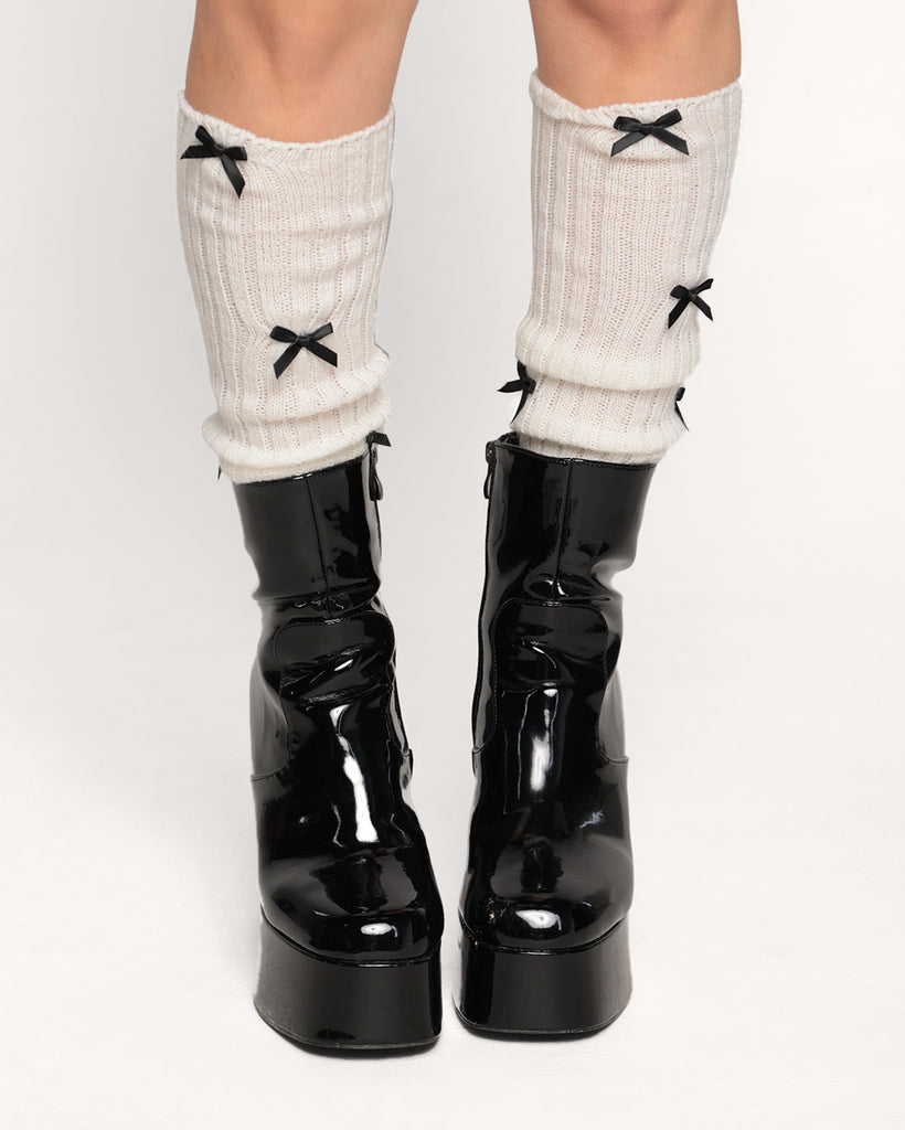 Embracing Girlhood Ribbon Leg Warmers-Black/White-Regular-Front--Sarah2---One Size