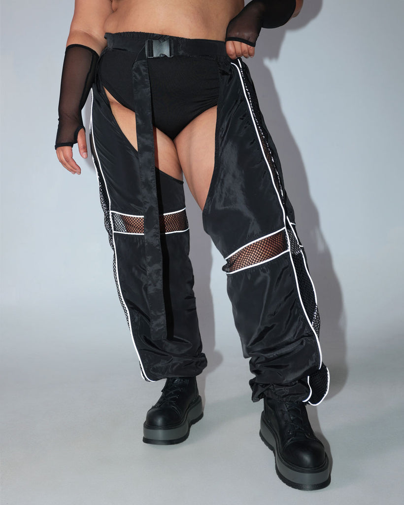 Evolution Chaps with Silver Reflective Stripes & Fishnet Panels-Curve1-Black/Silver-Reflective--Silvia---1X