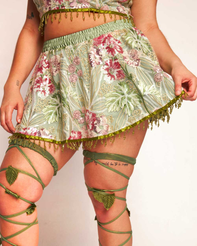 Frolicking Fantasy Floral Sequin Skirt-Green/Pink-Curve1-Side--Makayla3---1X