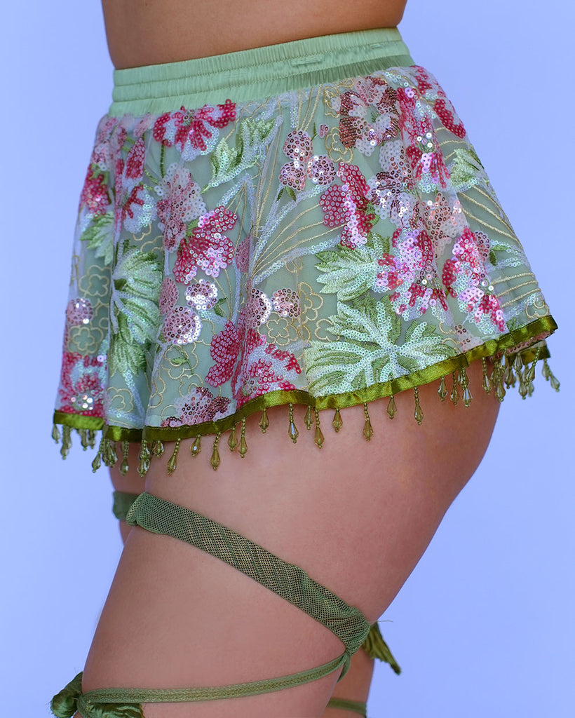 Frolicking Fantasy Floral Sequin Skirt-Green/Pink-Regular-Side--Amber2---S