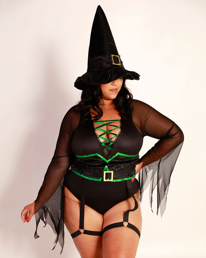 Hocus Pocus Witch Costume Set-Curve1-Black/Neon Green-Front--Silvia---1X-2X