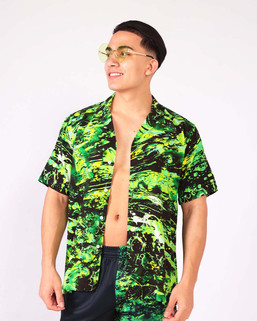Liquid Toxin Men's Camp Shirt-Black/Neon Green-Regular-Front--Raine---L