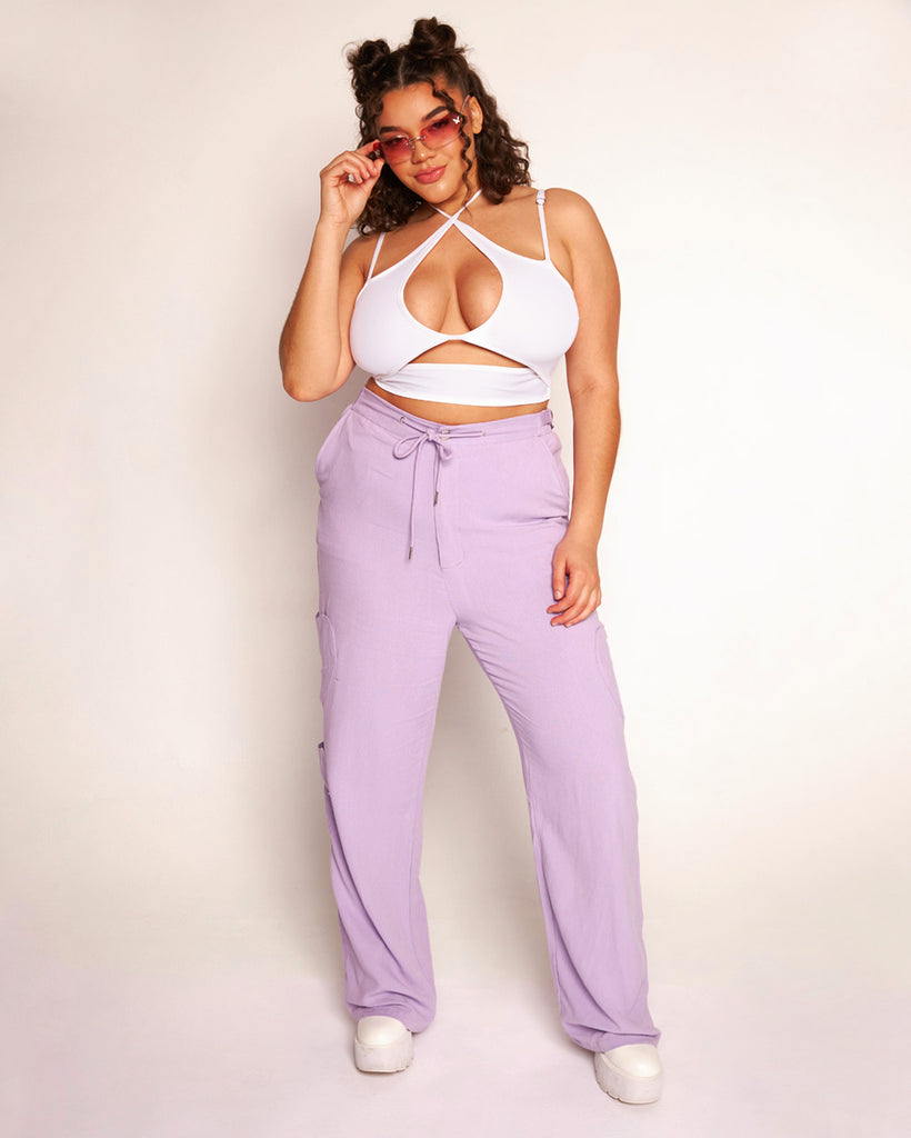 Lover Girl Parachute Pants With Heart Shaped Pockets-Lavender-Curve1-Full--Makayla3---1X