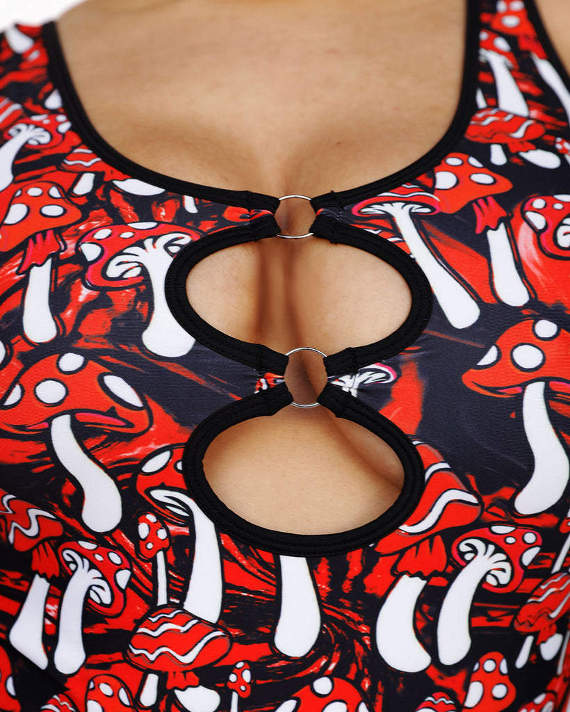 Mushroom Paradise Bodysuit-Black/Red/White-Curve1-Detail--Makayla3---1X