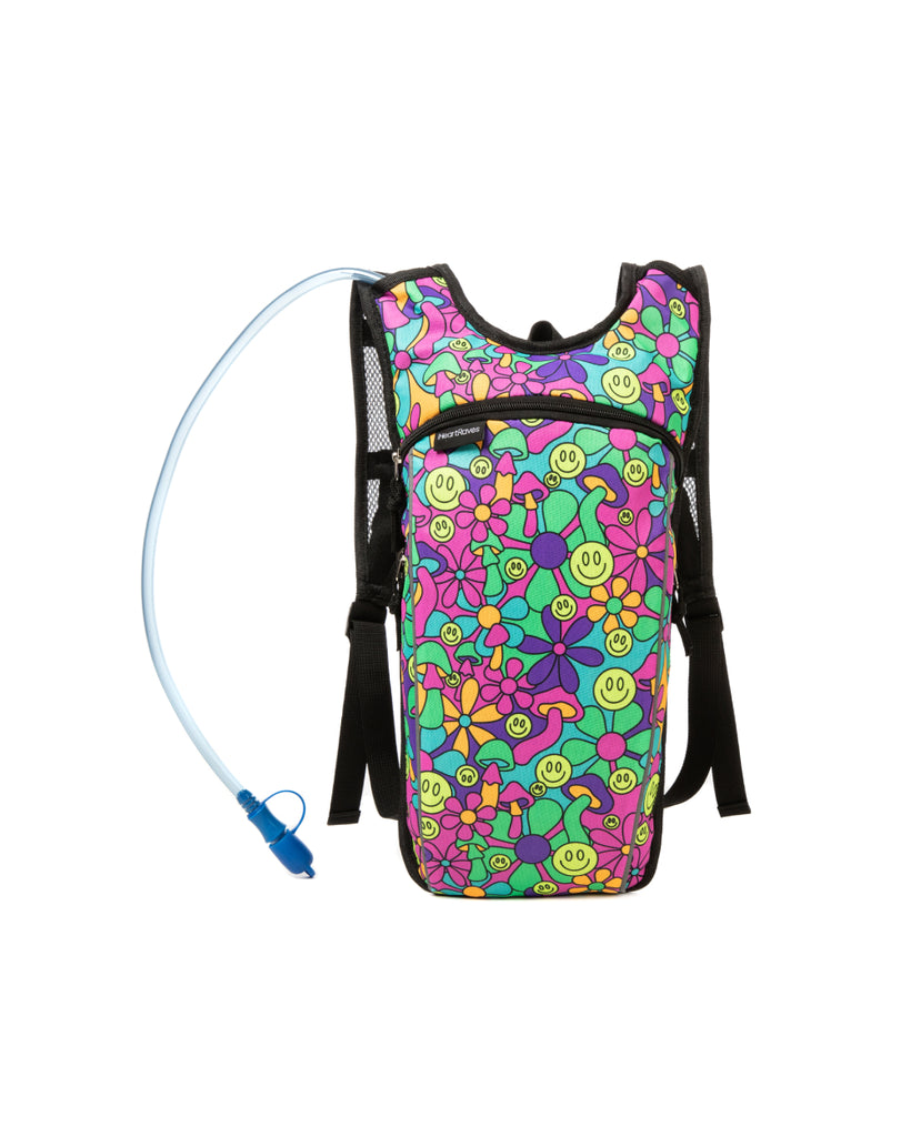 Psychedelic Smiley UV Reactive Hydration Pack with Back Pocket for Anti-Theft-Neon Blue/Neon Pink/Yellow-Front