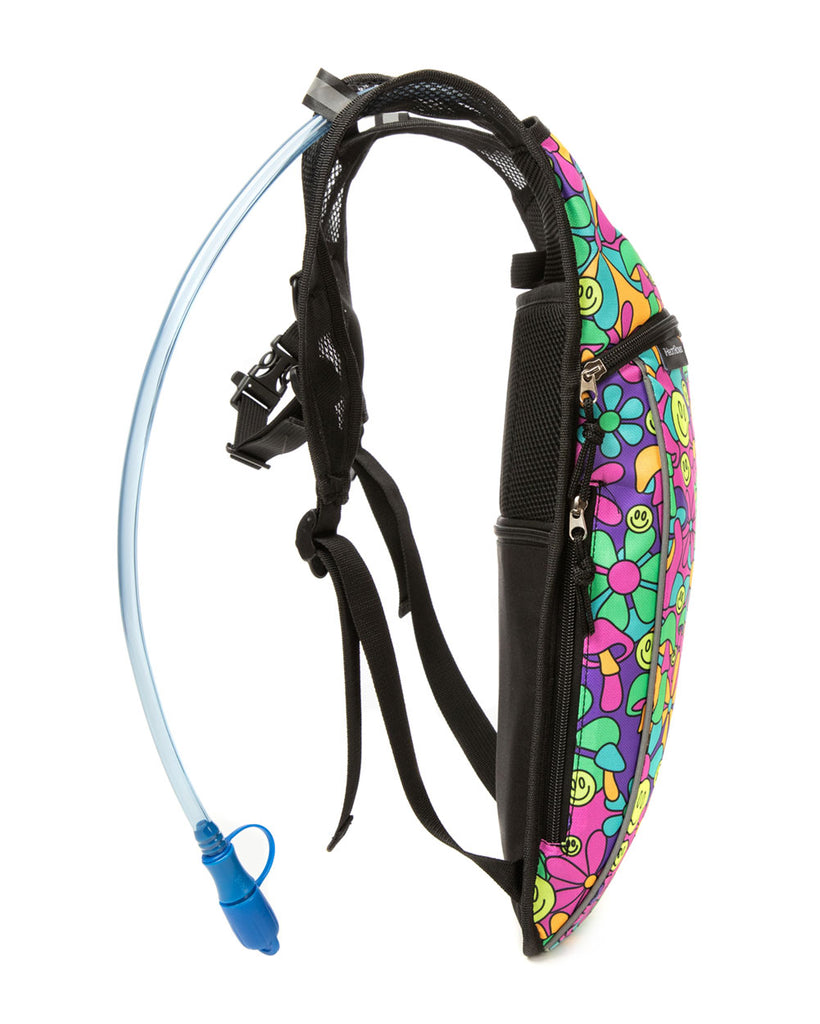 Psychedelic Smiley UV Reactive Hydration Pack with Back Pocket for Anti-Theft-Neon Blue/Neon Pink/Yellow-Side