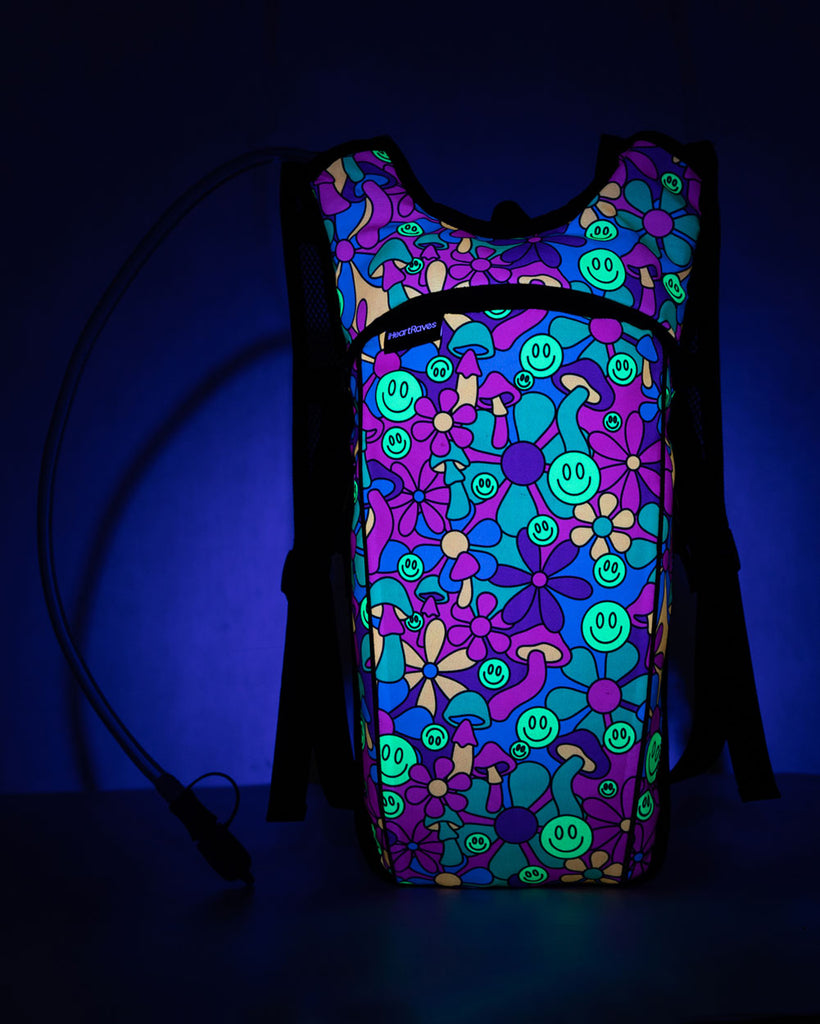 Psychedelic Smiley UV Reactive Hydration Pack with Back Pocket for Anti-Theft-Neon Blue/Neon Pink/Yellow-UV