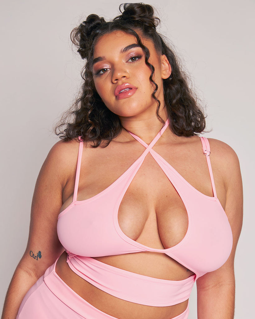 Rave Revolution Recycled Fabric Cutout Halter Top-Baby Pink-Curve1-Front--Makayla3---1X