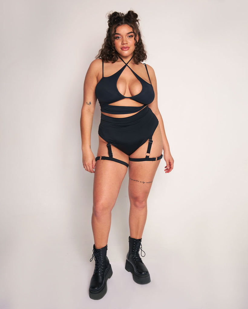 Rave Revolution Recycled Fabric Cutout Halter Top-Black-Curve1-Full--Makayla3---1X