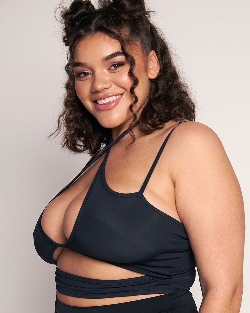 Rave Revolution Recycled Fabric Cutout Halter Top-Black-Curve1-Side--Makayla3---1X