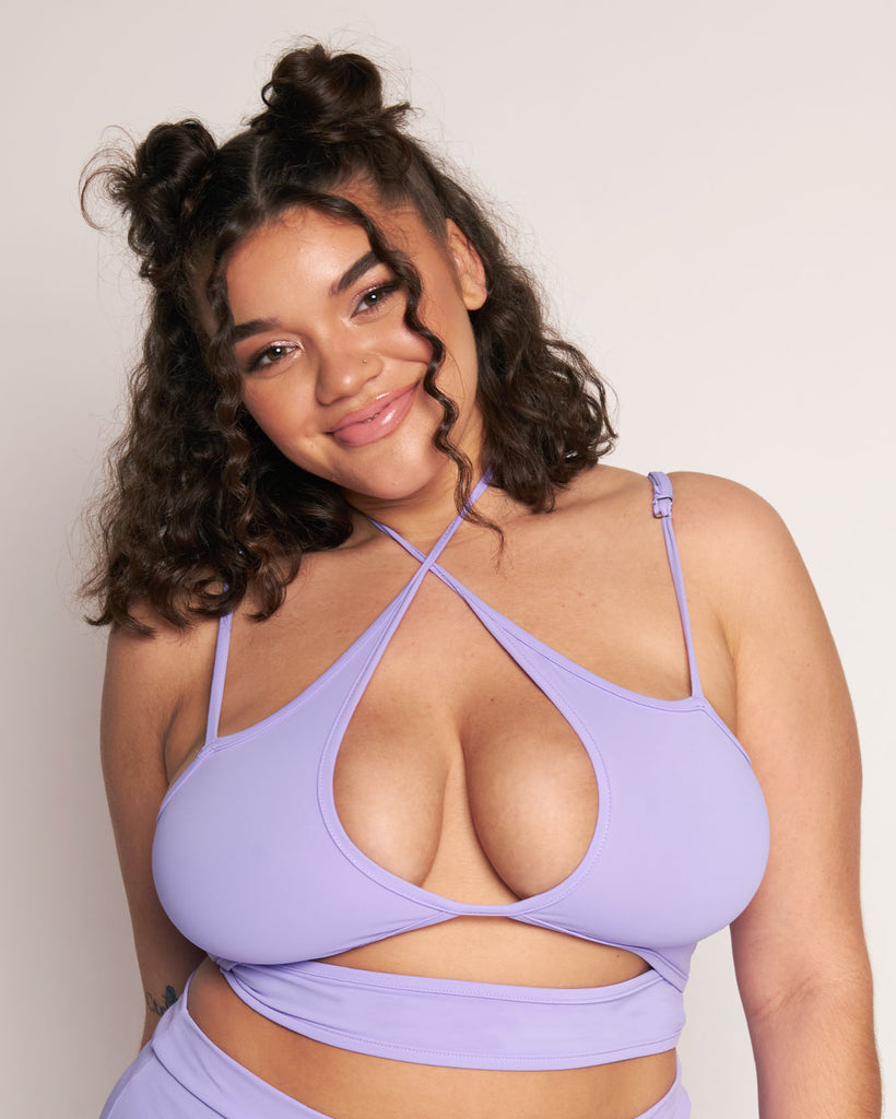 Rave Revolution Recycled Fabric Cutout Halter Top-Lavender-Curve1-Front--Makayla3---1X