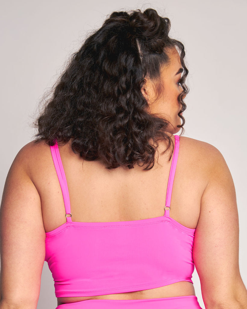 Rave Revolution Recycled Fabric Cutout Halter Top-Neon Pink-Curve1-Back--Makayla3---1X