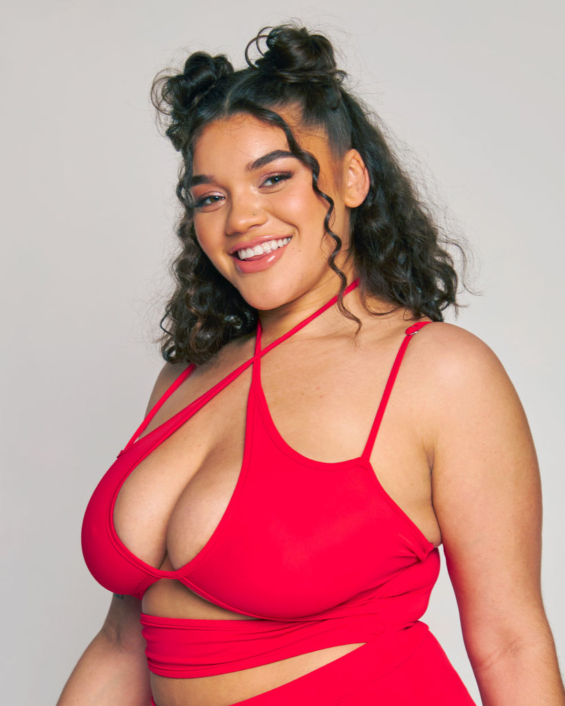Rave Revolution Recycled Fabric Cutout Halter Top-Red-Curve1-Side--Makayla3---1X