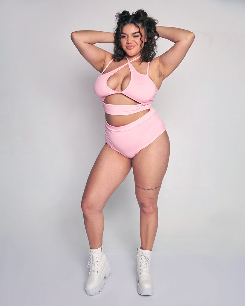 Rave Revolution Recycled Fabric High Waist Booty Shorts-Baby Pink-Curve1-Full--Makayla3---1X