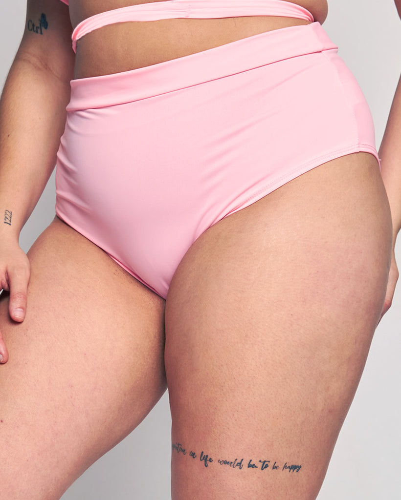 Rave Revolution Recycled Fabric High Waist Booty Shorts-Baby Pink-Curve1-Side--Makayla3---1X