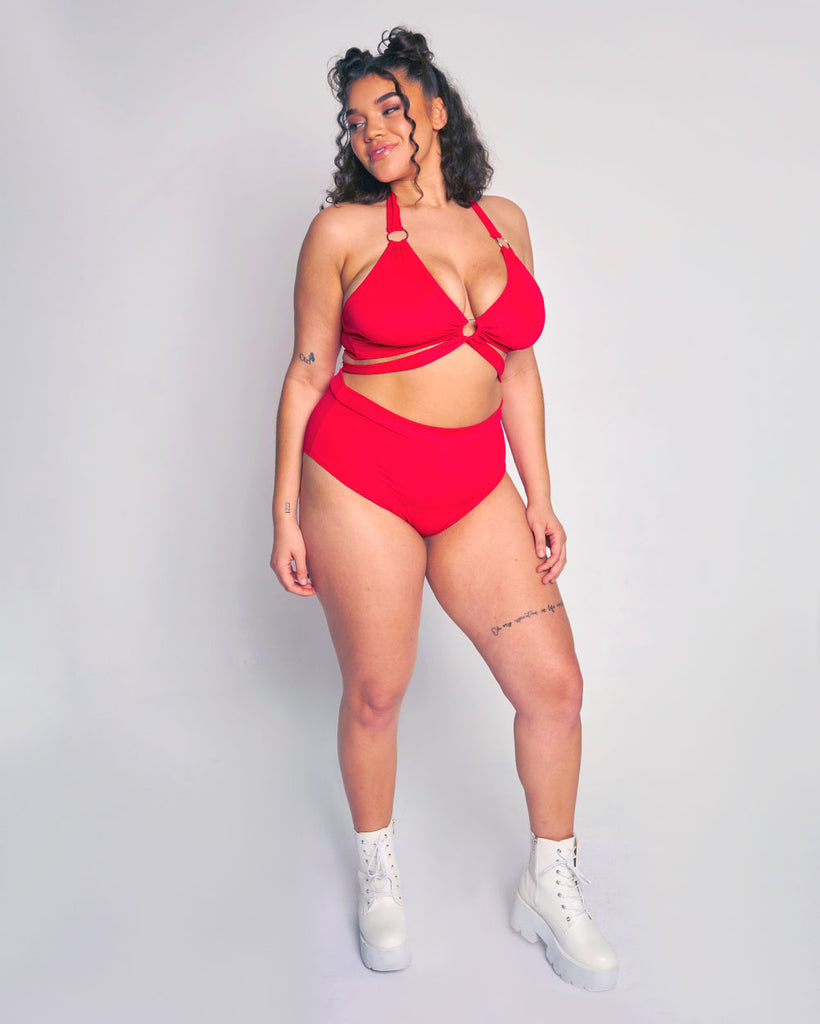 Rave Revolution Recycled Fabric High Waist Booty Shorts-Red-Curve1-Full--Makayla3---1X