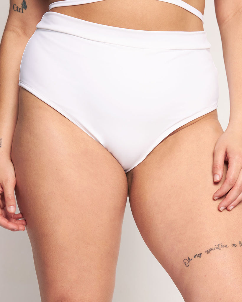 Rave Revolution Recycled Fabric High Waist Booty Shorts-White-Curve1-Front--Makayla3---1X