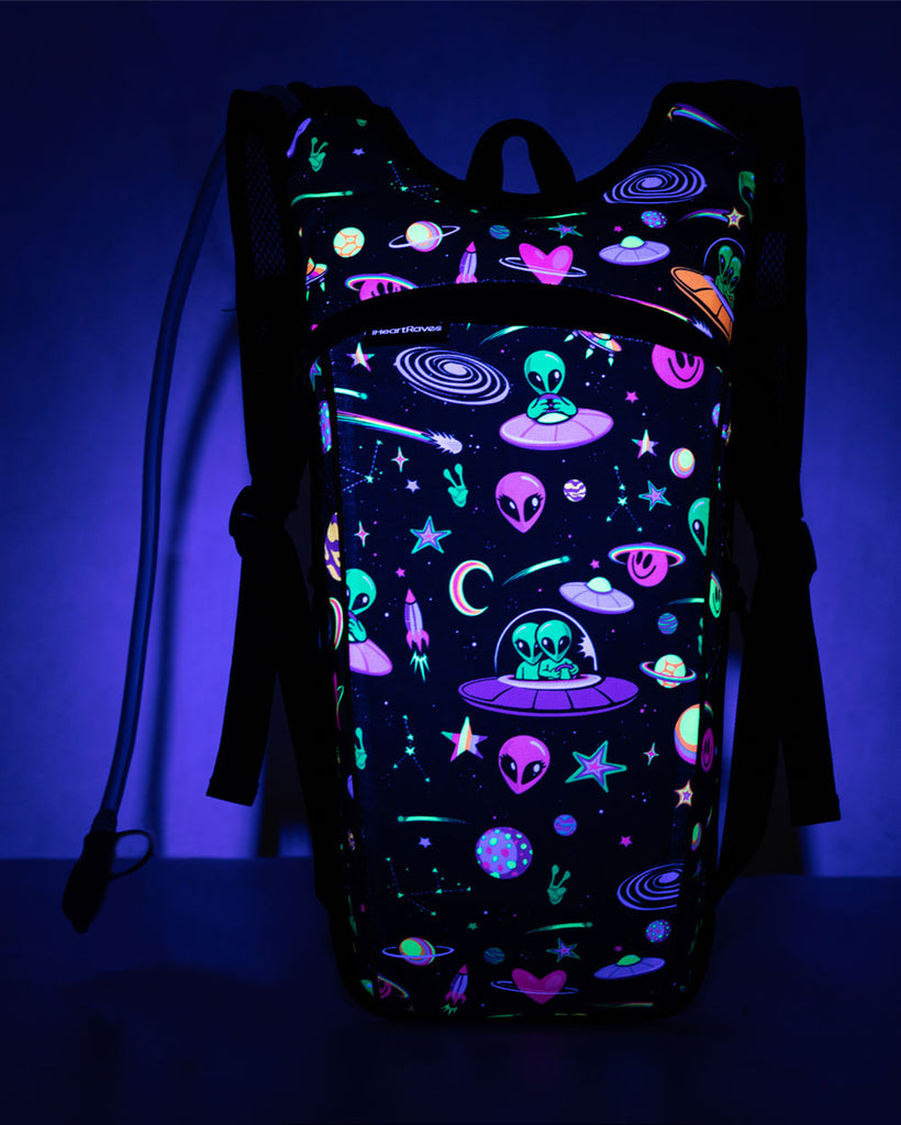 Silly In Space UV Reactive Hydration Pack with Back Pocket for Anti-Theft-Black/Rainbow-UV