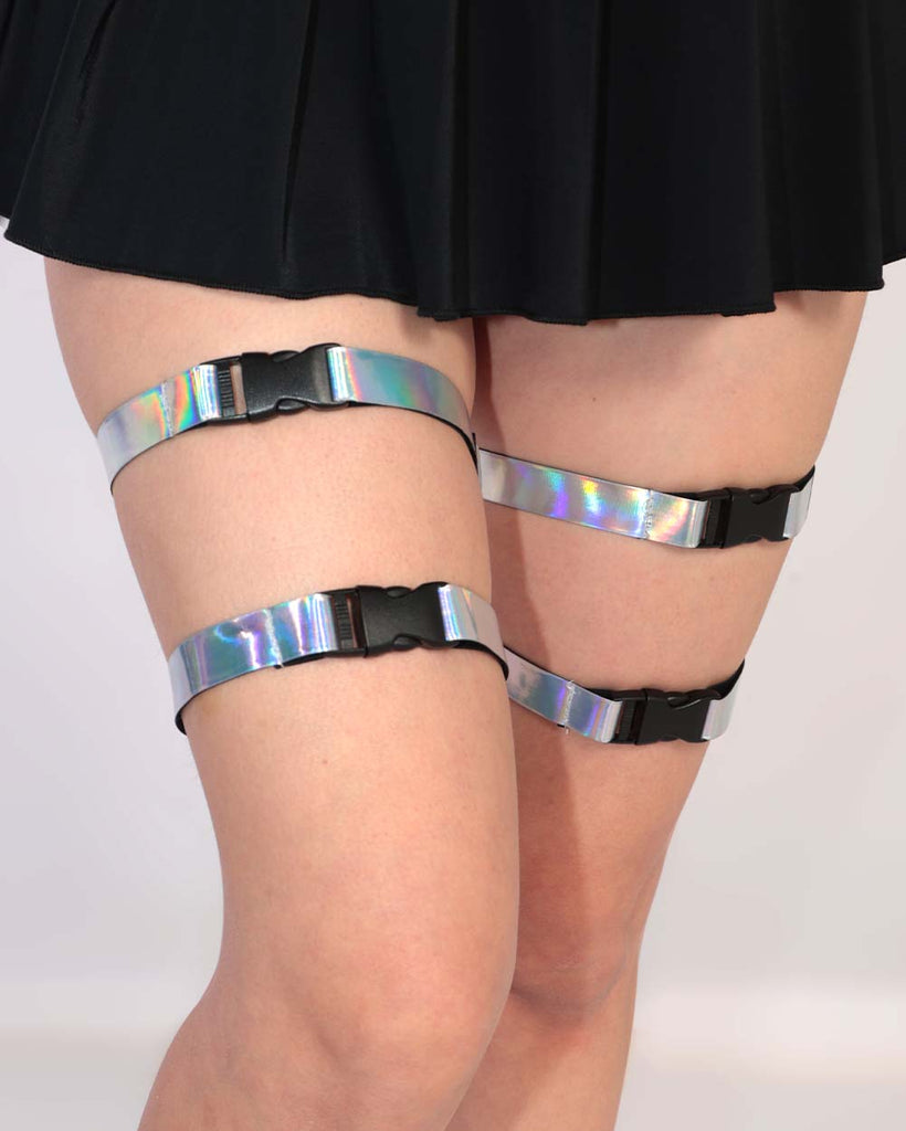 Stormy Bolt Holo Speed Clasp Leg Garters-Silver-Front