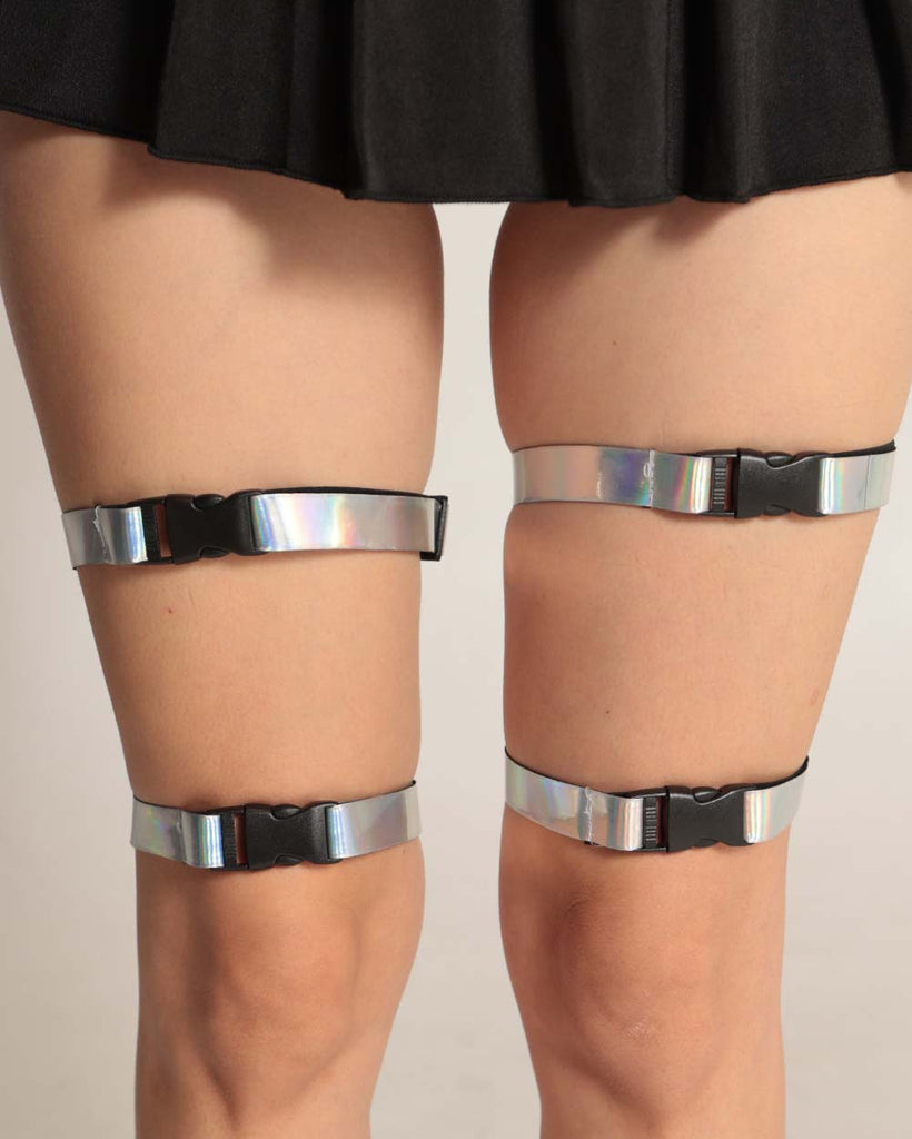 Stormy Bolt Holo Speed Clasp Leg Garters Pair-Silver-Front2