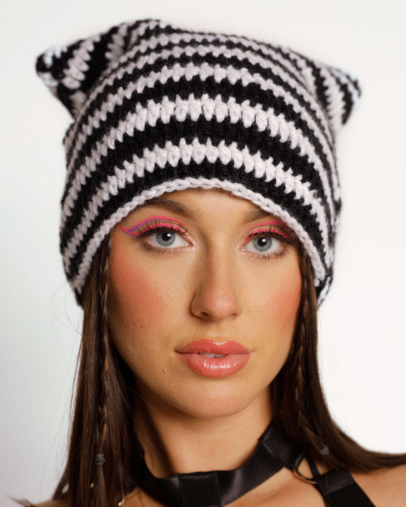 Tough Attitude Crochet Hat-Black/White-Regular-Front--Model---S