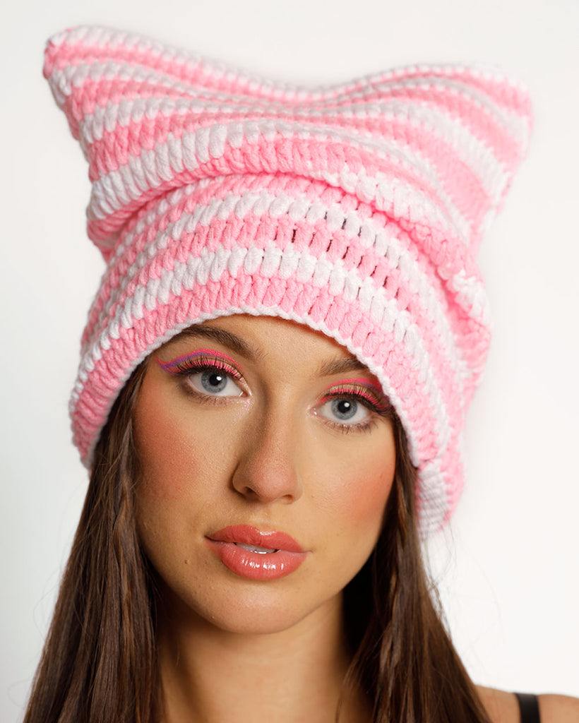 Tough Attitude Crochet Hat-Pink/White-Regular-Front--Model---S