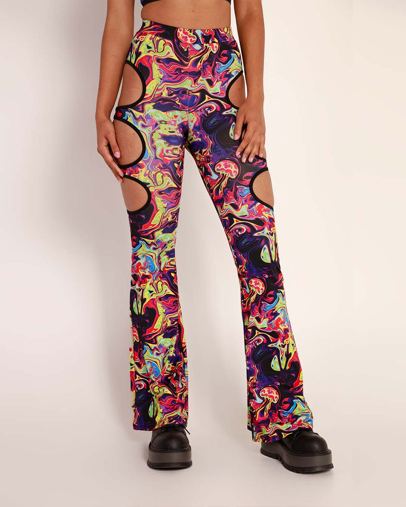 Trippy Toxin Cutout Bell Bottoms-Black/Neon Green/Neon Pink-Front--Danelly---S