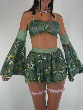 Pixie Garden Floral Sequin Skirt-Green-Regular-allskus