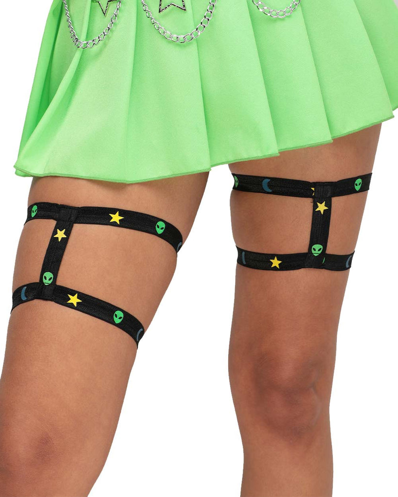 Alien Quest UV Reactive Neon Leg Garters Pair-Black/Neon Green-Side--Quinn---S-M