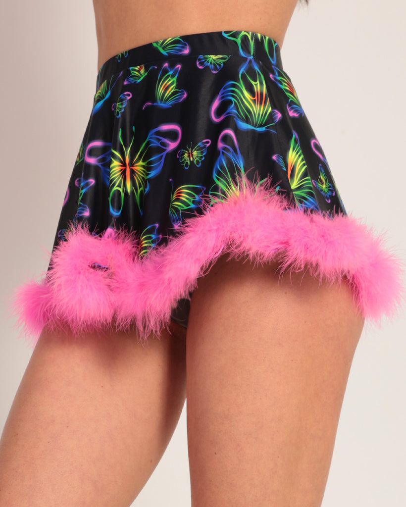 Euphoric Butterflies Marabou Mini Skirt-Neon Pink/Neon Yellow/Purple-Side--Hannah---S