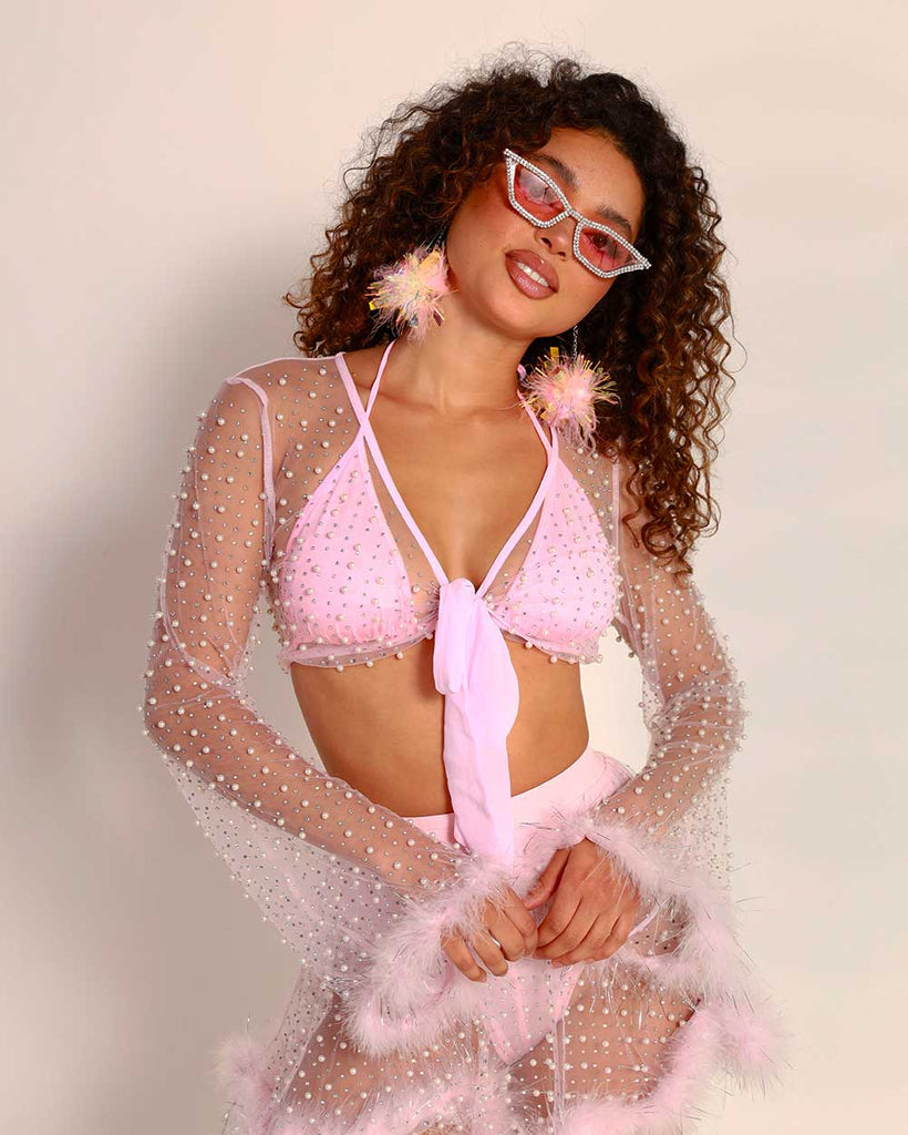 Happy Ever After Tinsel Marabou Mesh Top-Baby PInk-Front--Quinn---S