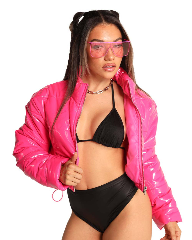 Power Puffer Cropped Jacket-Neon Pink-Front--Tiffany---S