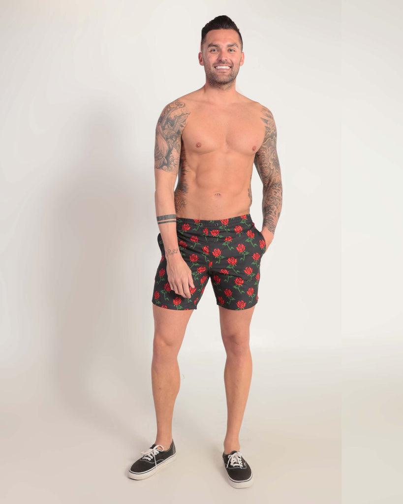 Roses Up My Sleeves Shorts-Black/Green/Red-Full--Zach---L
