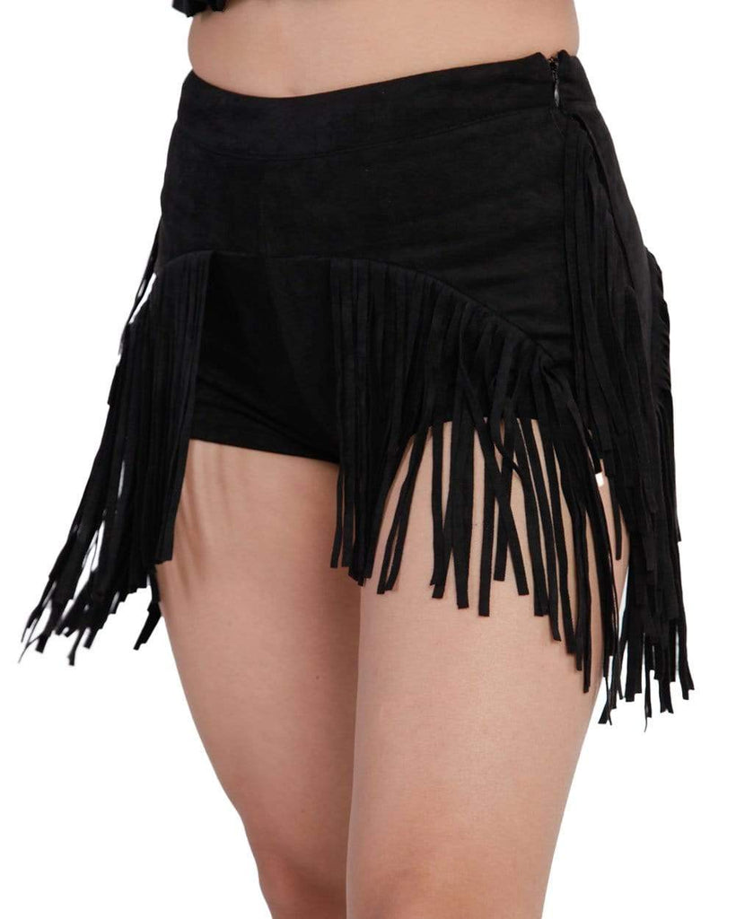 Festival Fringe Suede High Waisted Booty Shorts-Side--Sandy---S