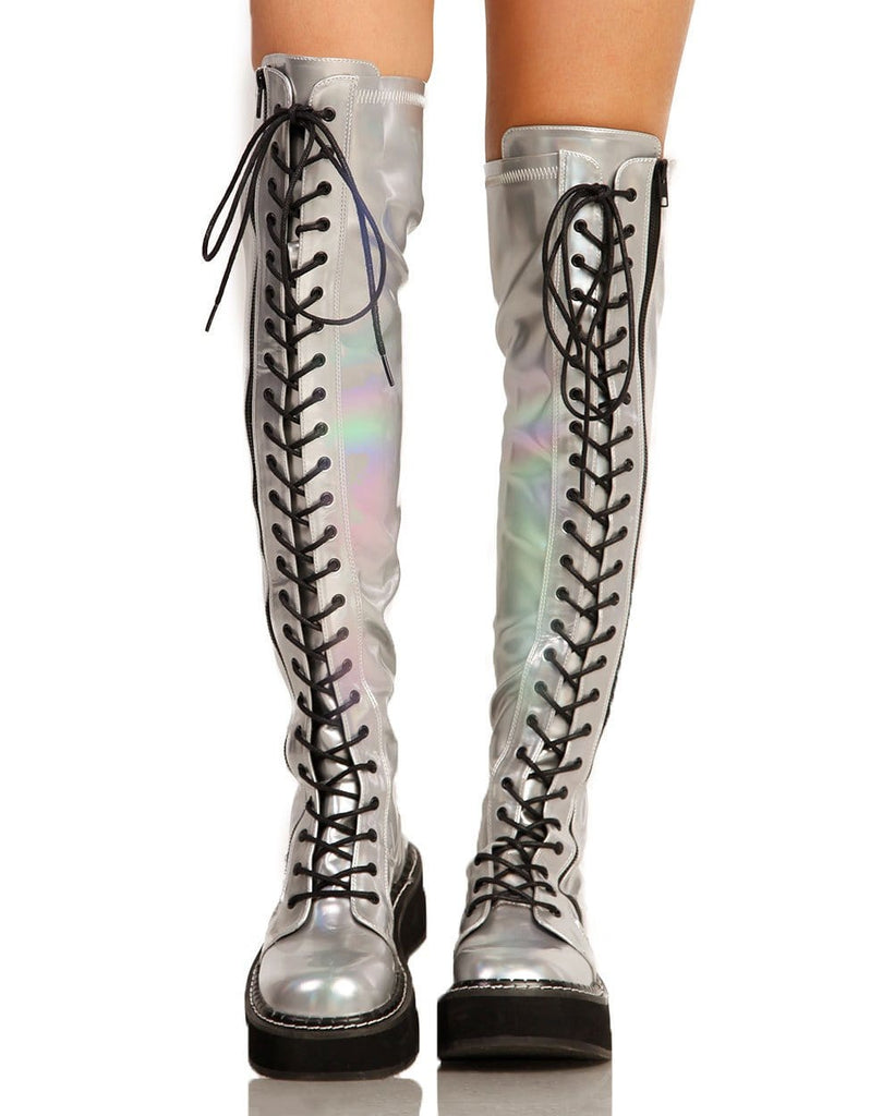 IHR x Demonia Thigh High Lace Up Boots-Front-Silver