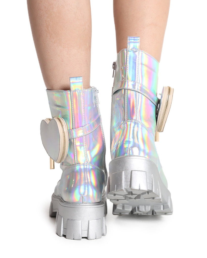 iHeartRaves Lovestruck Holo Combat Boots with Pocket-Rainbow/Silver-Back