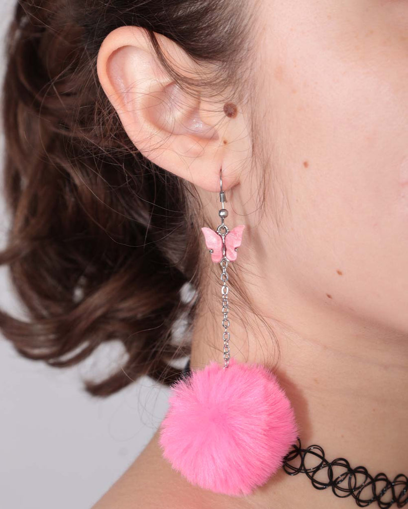 Fly With Me Fluffy Butterfly Earrings-Neon Pink-Side
