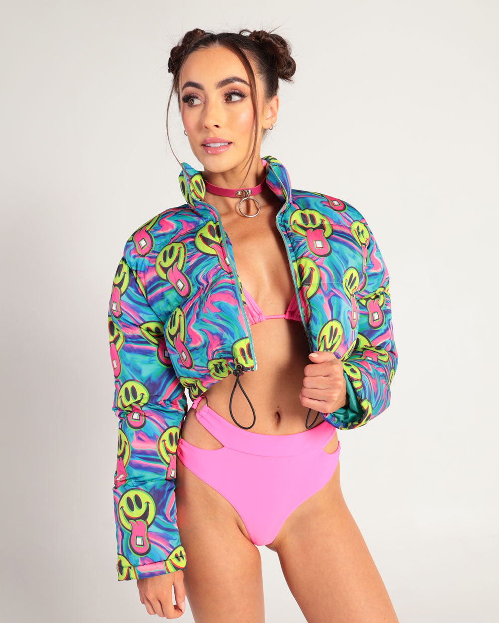 Happy Hour Cropped Puffer Jacket-Blue/Pink/Yellow-Front--Hannah---S