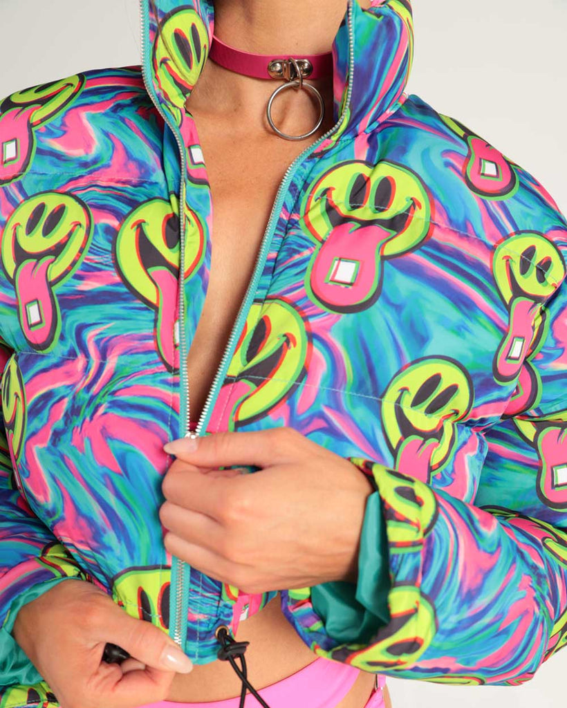 Happy Hour Cropped Puffer Jacket-Blue/Pink/Yellow-Detail